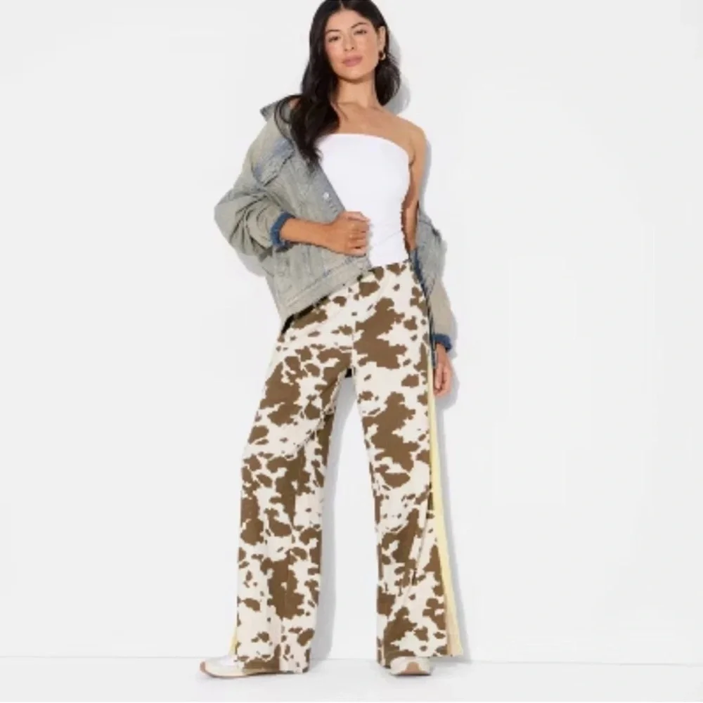 Grayson Threads Cow Print Joggers with Yellow Stripes - Picture 1 of 6